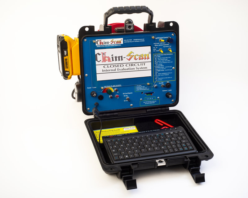 The Chim-Scan® 100 Controller with monitor offers an optional keyboard for chimney defects and customer information.